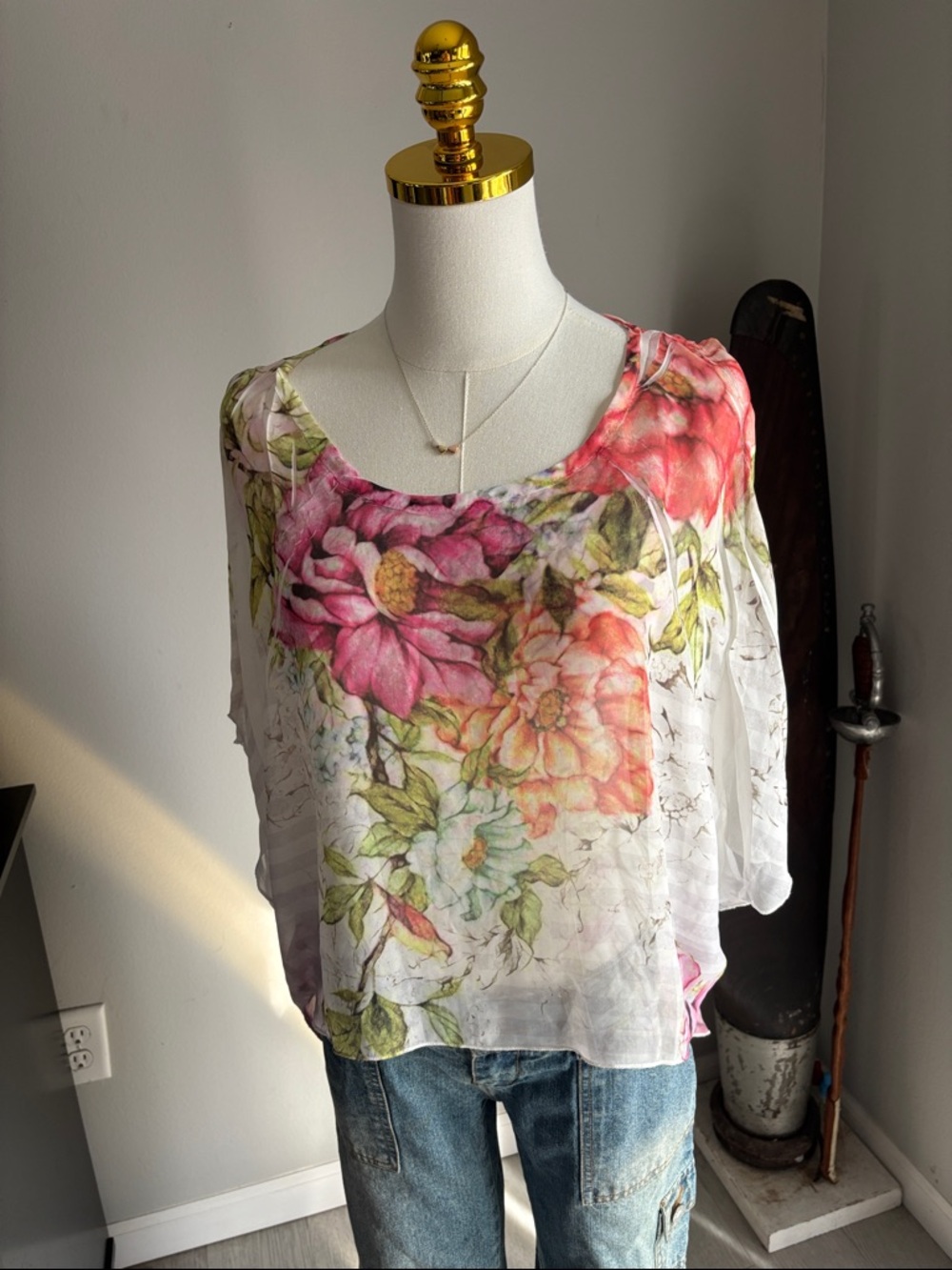 2B Bebe Sheer Floral Scoop-Neck Blouse in White, Pink and Green